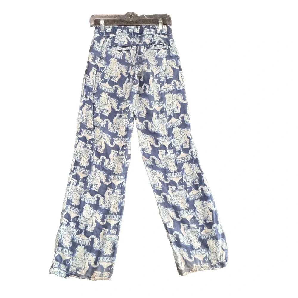Lilly Pulitzer Linen Pants Womens Size XS Blue White Elephants 4-pocket Pull-On